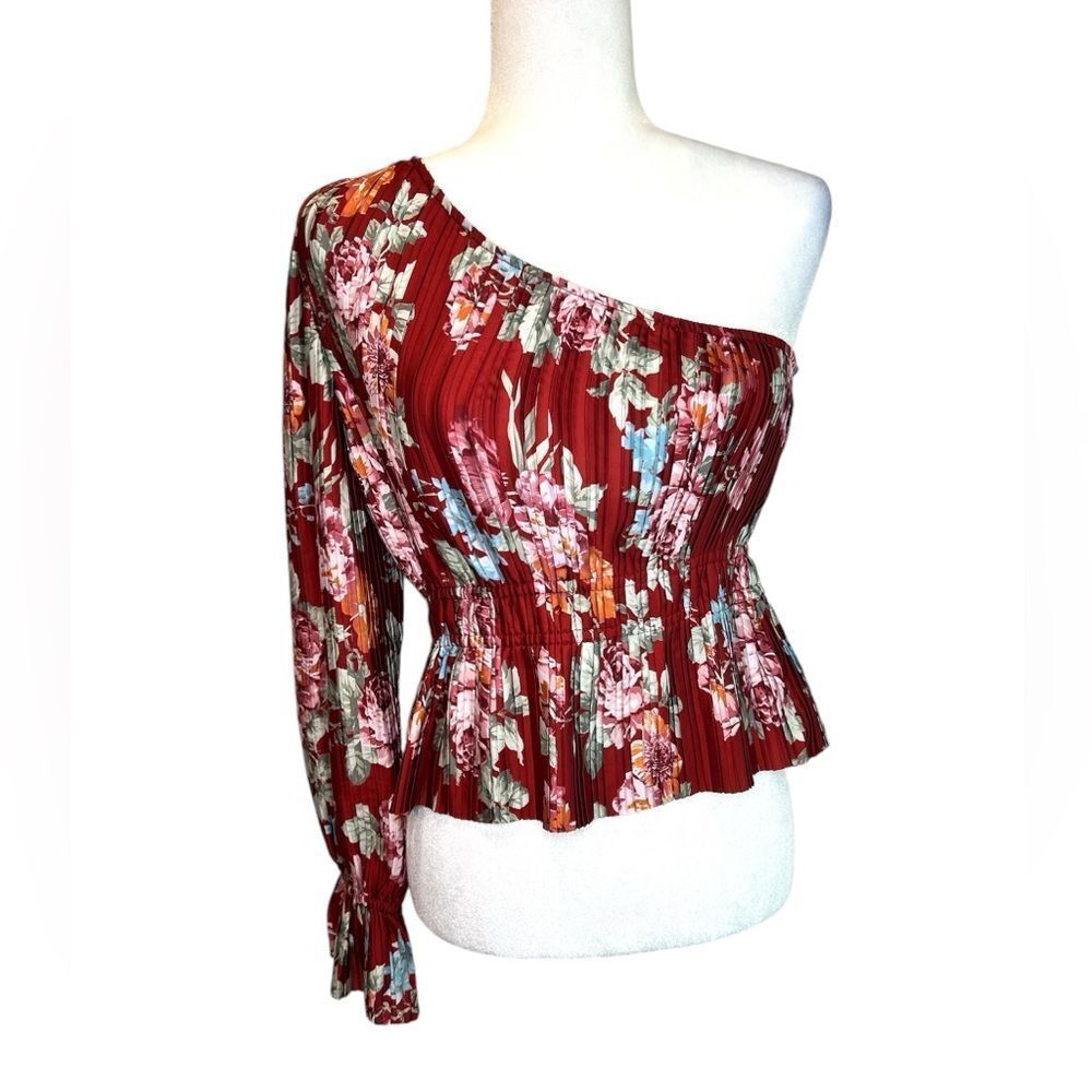 WAYF Pleated One Shoulder Floral Top Scarlet Roses